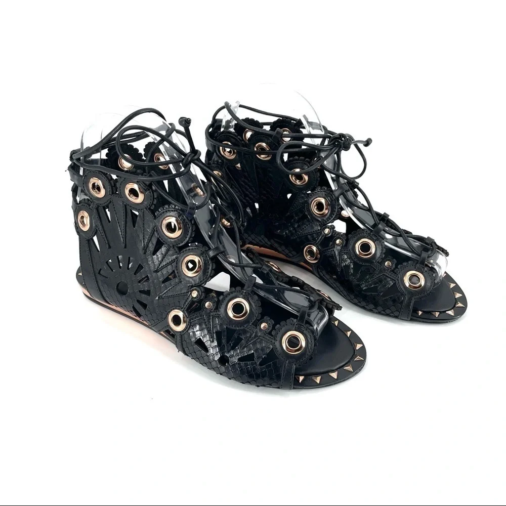 Ivy Kirzhner Barcelona Black Leather Low Gold Wedge Cutout Flat Sandals